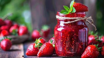 A jar of strawberry jam with fresh strawberries photo