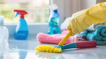 A person in yellow gloves cleaning a window photo