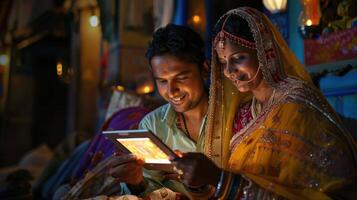 A man and woman in traditional indian clothing are looking at a tablet photo