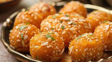 A plate of fried balls of dough with sesame seeds photo