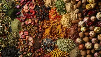 A variety of spices and herbs are arranged on a table photo