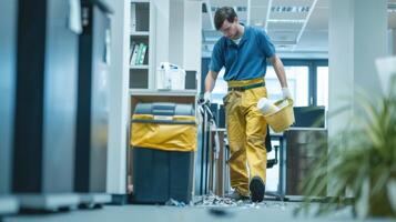 A man in yellow overalls is cleaning up a room photo