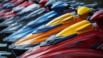 A row of colorful jet skis are lined up photo