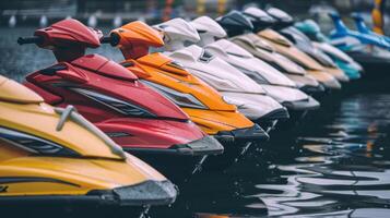 A row of colorful jet skis parked in a row photo