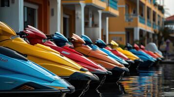A row of colorful jet skis parked in front of a building photo