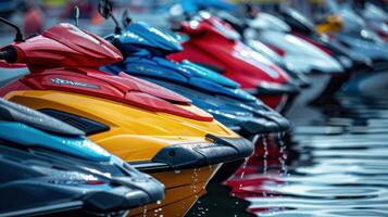 A row of colorful motor boats parked in a body of water photo