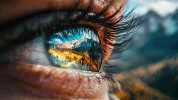 A person's eye with mountains reflected in it photo