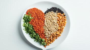 A heart shaped plate with beans, peas and other vegetables photo
