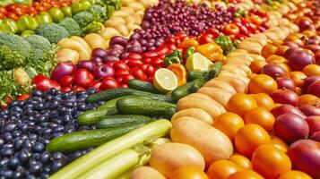 A large variety of fruits and vegetables are arranged in a row photo