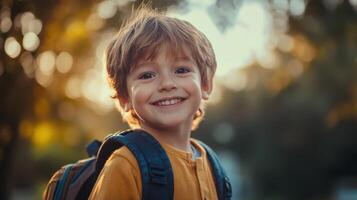 A young boy with a backpack smiles for the camera photo