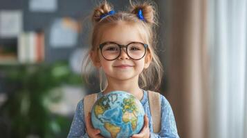 A little girl in glasses holding a globe photo