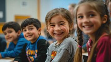 A group of children smiling in a classroom photo