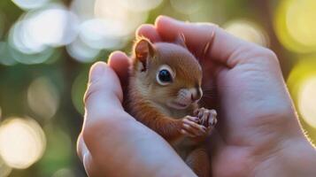 A small squirrel is being held in the hands photo