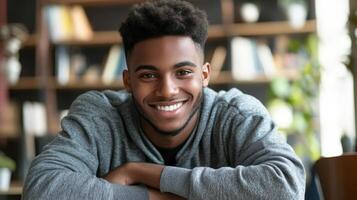 A young man smiles while sitting at a table photo