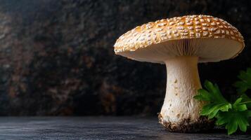A mushroom with leaves on it and a green leaf photo