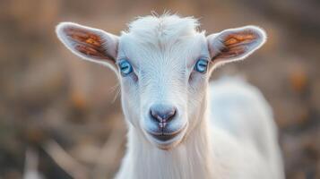 A white goat with blue eyes is looking at the camera photo