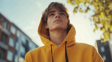 A young man in a yellow hoodie looking up photo