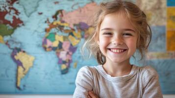 A little girl smiles in front of a world map photo