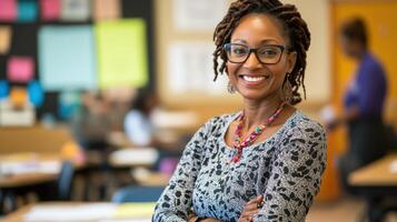 A smiling black woman in glasses standing in a classroom photo