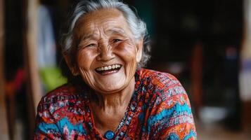 An elderly woman smiles while sitting on a chair photo
