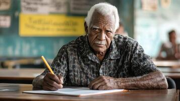 An elderly man is writing on a piece of paper photo