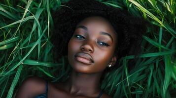 A beautiful young woman laying in the grass photo