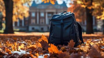 A backpack sits on the ground in front of a building photo