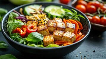 A bowl of vegetables and tofu in a black bowl photo