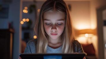 A young girl is looking at a tablet computer photo