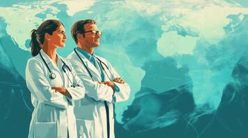 Two doctors standing in front of a world map photo