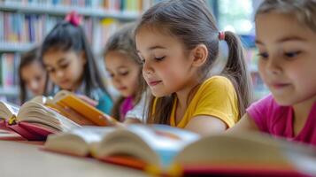 Children reading books in a library photo