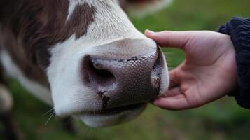 A person is petting a cow's nose photo