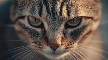 A close up of a cat's face with green eyes photo