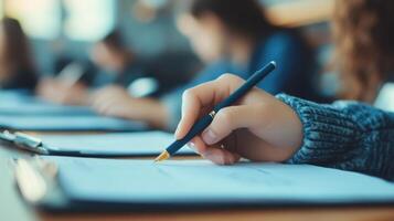 A person writing on paper with a pen photo