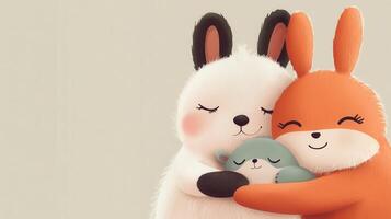 Two rabbits hugging each other with a baby photo