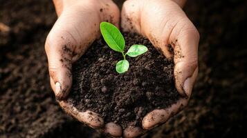 Hands holding a small plant in soil photo