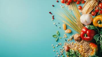Various vegetables and grains on a blue background photo