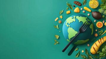 Food and vegetables are arranged around the earth on a green background photo