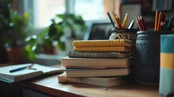 A stack of books and pens on a desk photo