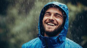 A man in a raincoat smiling in the rain photo