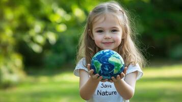 A little girl holding a globe with the word save nature photo
