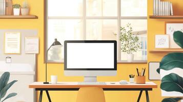 A computer screen is sitting on a desk in front of a window photo