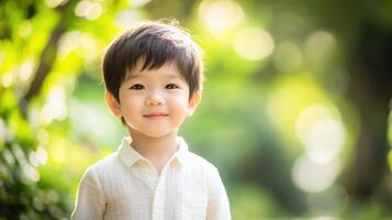 A young boy is standing in the middle of a park photo
