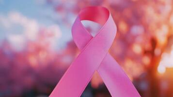 Pink ribbon with cherry blossoms in the background photo