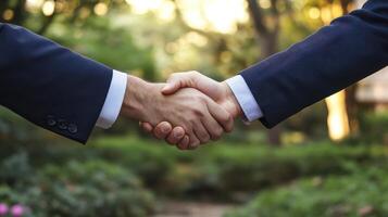 Two business people shaking hands in a park photo
