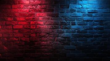 A brick wall with red and blue lights photo