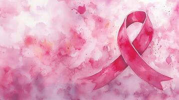 A pink ribbon is shown on a watercolor background photo