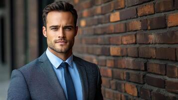 A man in a suit and tie standing in front of a brick wall photo