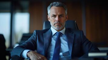 A man in a suit and tie sitting in an office photo