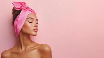 Beautiful woman with pink headband and pink towel on her head photo